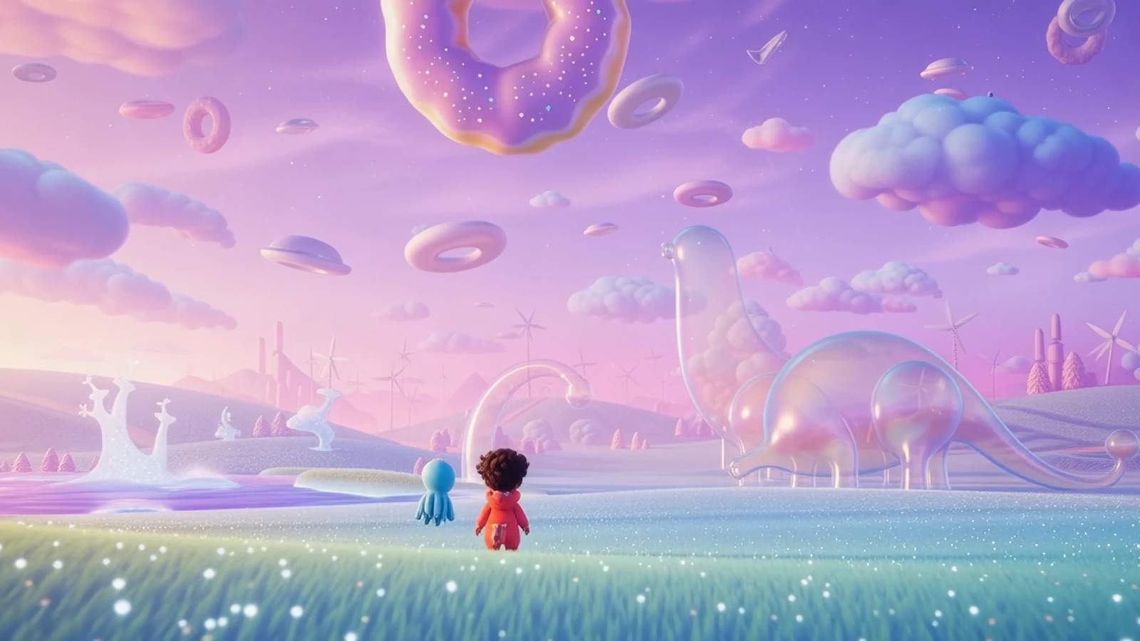 Sebbi and Mari looking out over a pastel dreamland with floating donuts and a glass dinosaur