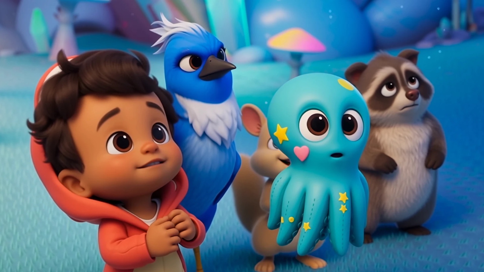 Sebbi and Mari with Carter the blue jay, Trini the squirrel and Ronnie the raccoon