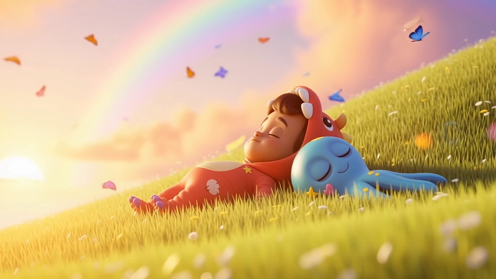 Sebbi and Mari asleep on a grassy hill under a rainbow